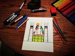 The Birds card, in progress, along with some art supplies.