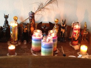 My Working Altar: the 3 rainbow candles in the center are Chakra 7 Wishes Power Candles.