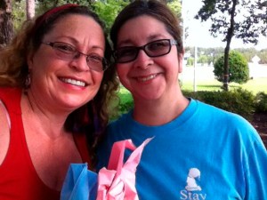 Rosemarie & I after tying memorial ribbons around trees. 