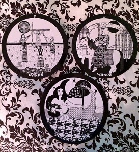 5 & 6 of Wands, Queen of Cups from "The Gorgon's Tarot," copyright Dolores Fitchie, 2014.