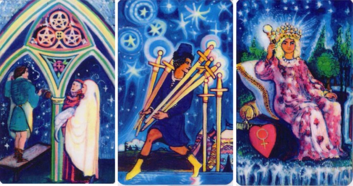 The 3 of Pentacles, 7 of Swords & Empress from "The Starlight Illuminated Tarot" by Carol Herzer.