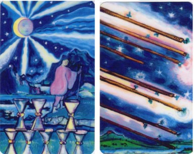 The 8 of Cups & 8 of Wands from "The Starlight Illuminated Tarot" by Carol Herzer.