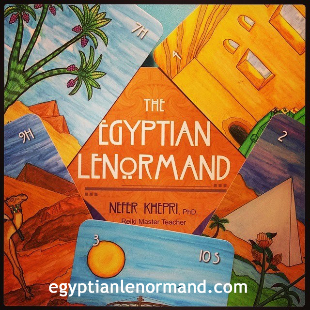 A collage featuring several cards from "The Egyptian Lenormand", including Tree, House, Rider, Ship, & Clover. Photographed by Bobbie Jo Drake, 2015. Used with kind permission.