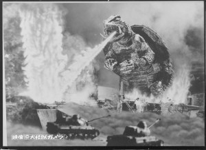 Gamera, from the original B&W film, "Gamera" (1965) taking out the Japanese military in fine turtle-y fashion.