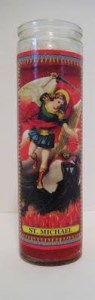 Archangel Michael candle. These are encased in glass & stand 10" tall. If left burning unattended 24/7 they burn for approximately 1 week.
