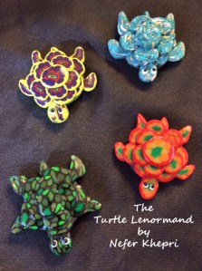 Turtle Friends. Polymer clay turtles created by Susan Keen Krontz exclusively for "The Turtle Lenormand" by Nefer Khepri (2015, self-published). 