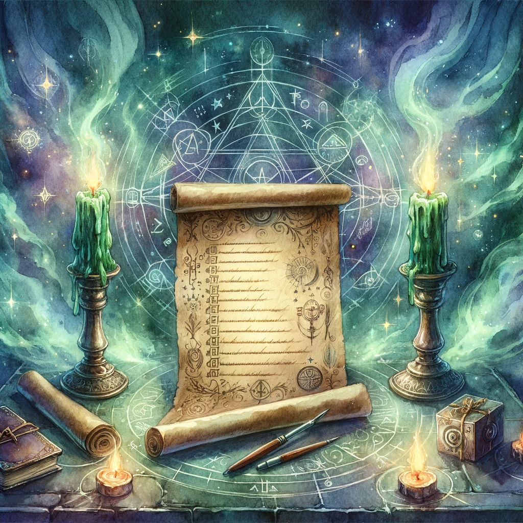 An AI generated image of a scroll with a list written on it with magical symbols along the margins. The list is flanked by 2 green lit candles. the background is a mystical celestial sky with blues & purples accented by green smoke from the candles. 
