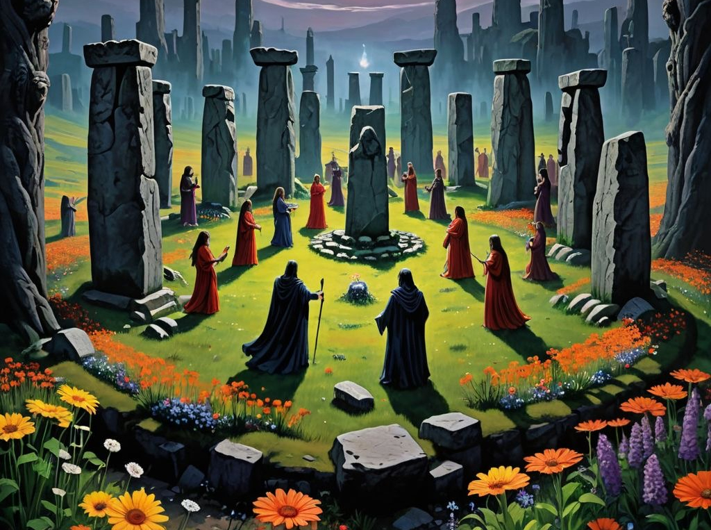 Druids standing within a stone circle with orange flowers in the foreground.
